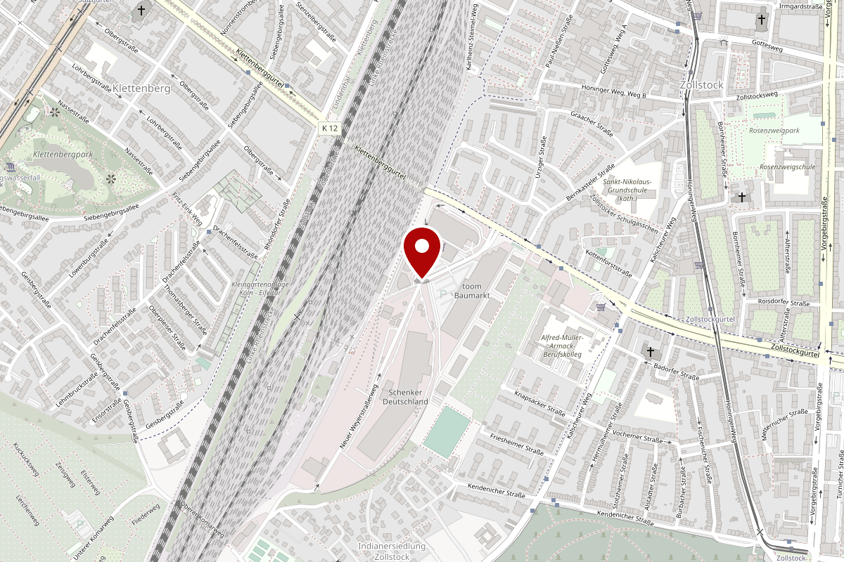 Kartenausschnitt Köln-Zollstock mit Markierung des Studios am Zollstockgürtel 59